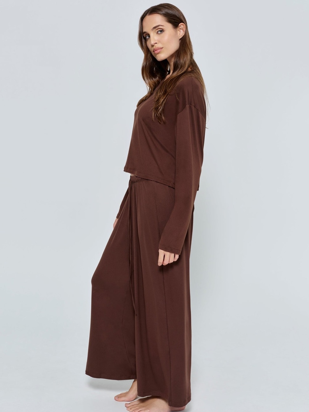 2 Piece Wide-Leg Drawstring Pants and Top in Chocolate Brown